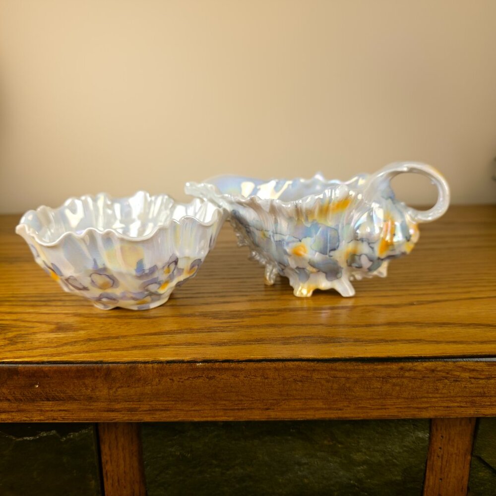Royal Bayreuth Fine China Sugar & Creamer Set Iridescent Floral Bavaria, Germany